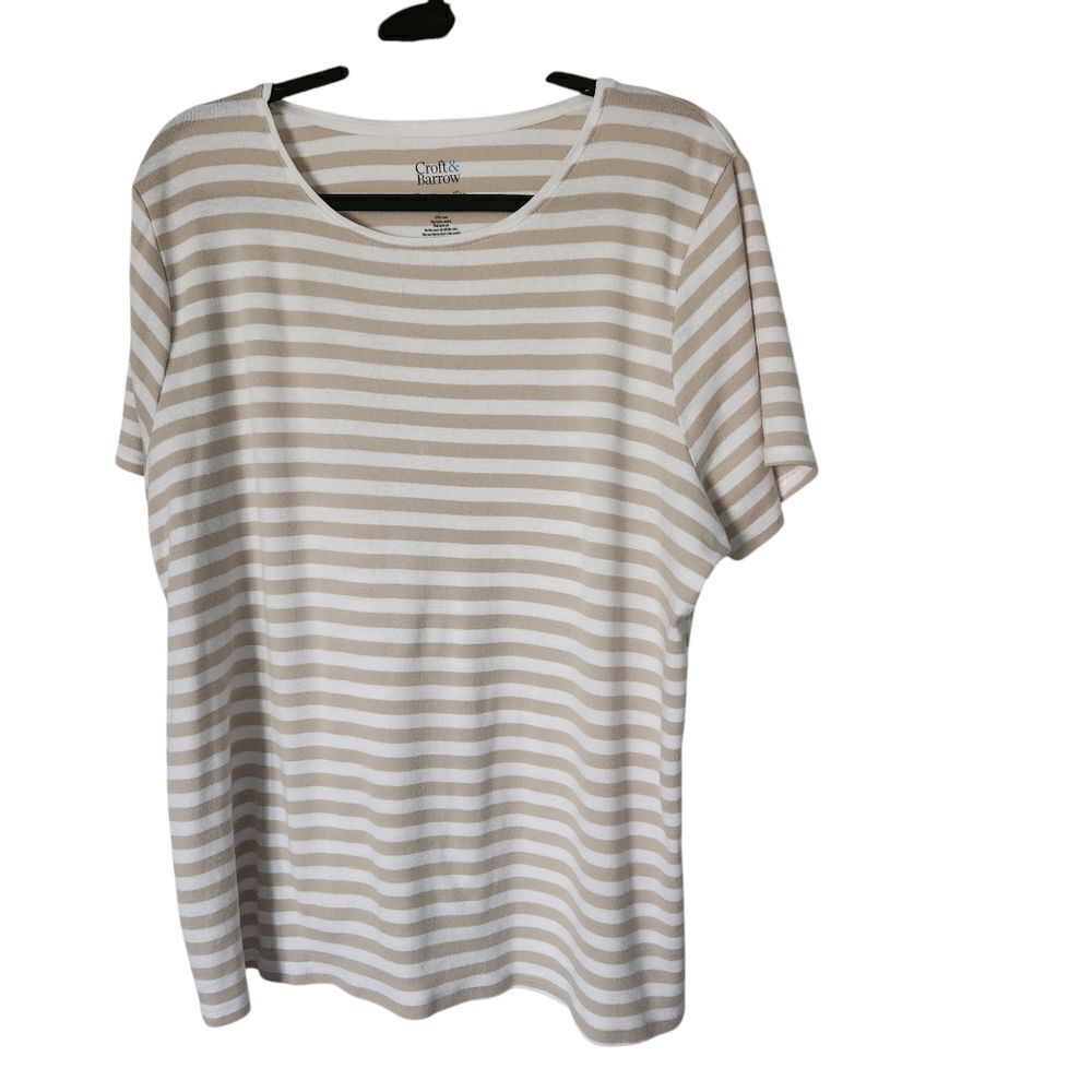 Croft And Barrow Womens Striped Beige and White T-Shirt Size 1X